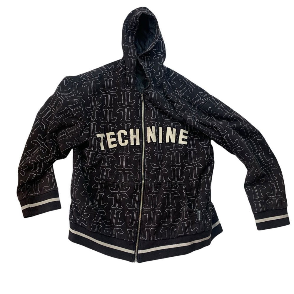 Tech Nine size large y2k Black Zip-Up Hoodie snow board Contrast Stitching